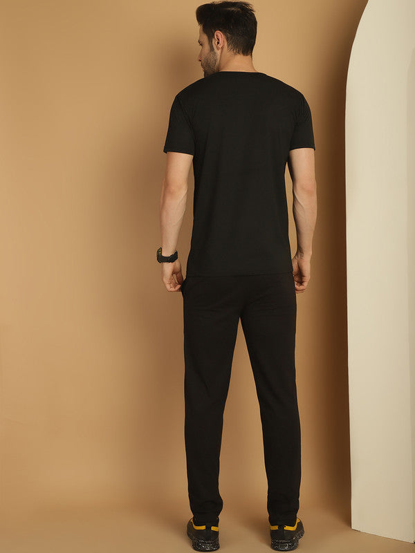 Mack Jonney Black Cotton Solid Co-ord Set Tracksuit For Men(Zip On 1 Side Pocket)