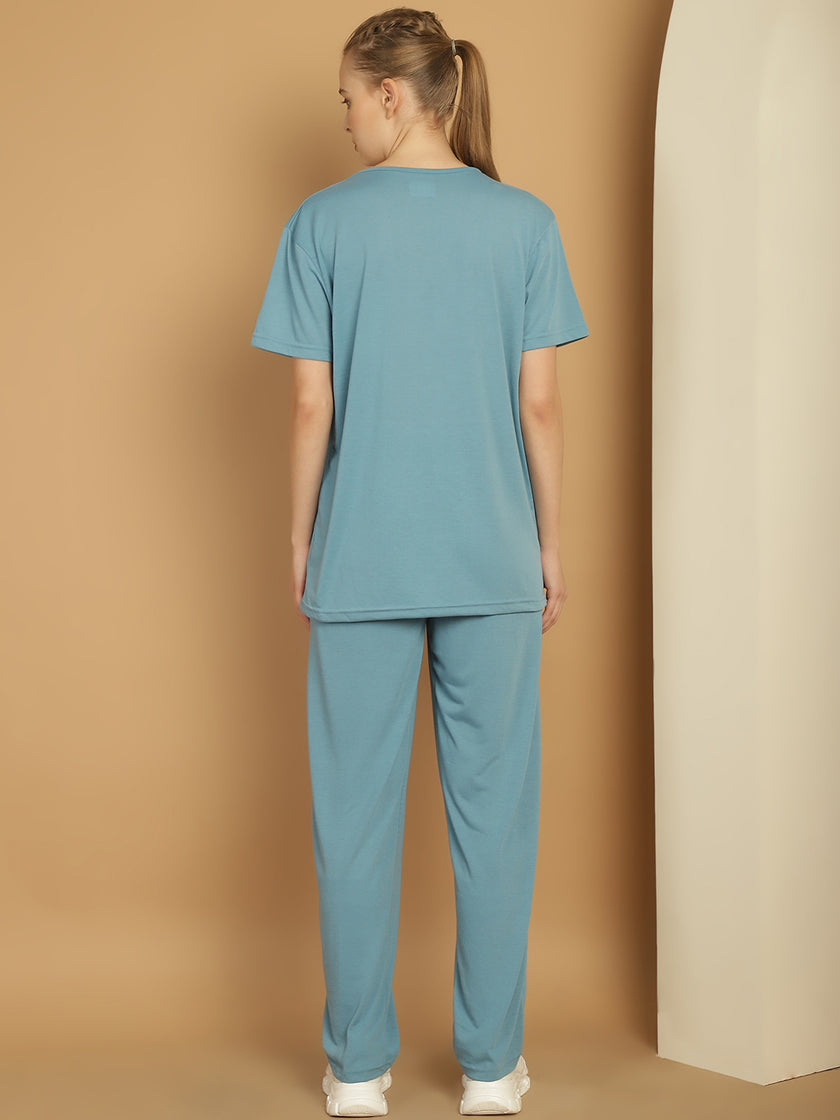 Mack Jonney Blue Cotton Solid Co-ord Set Tracksuit For Women