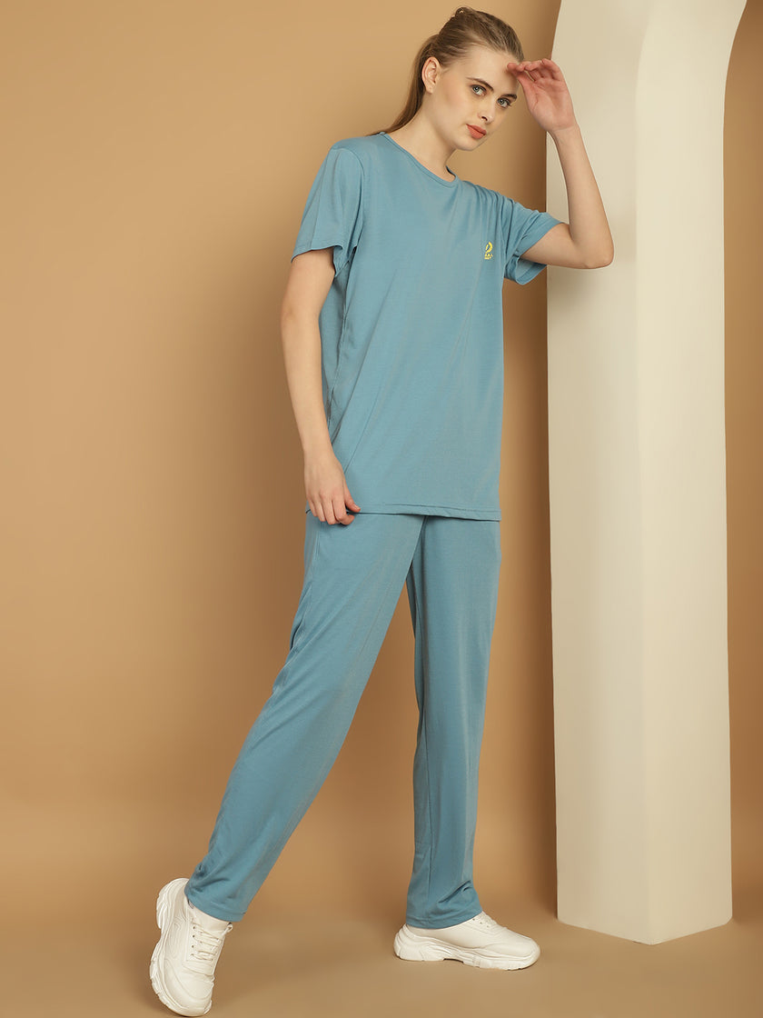 Mack Jonney Blue Cotton Solid Co-ord Set Tracksuit For Women