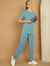 Mack Jonney Blue Cotton Solid Co-ord Set Tracksuit For Women