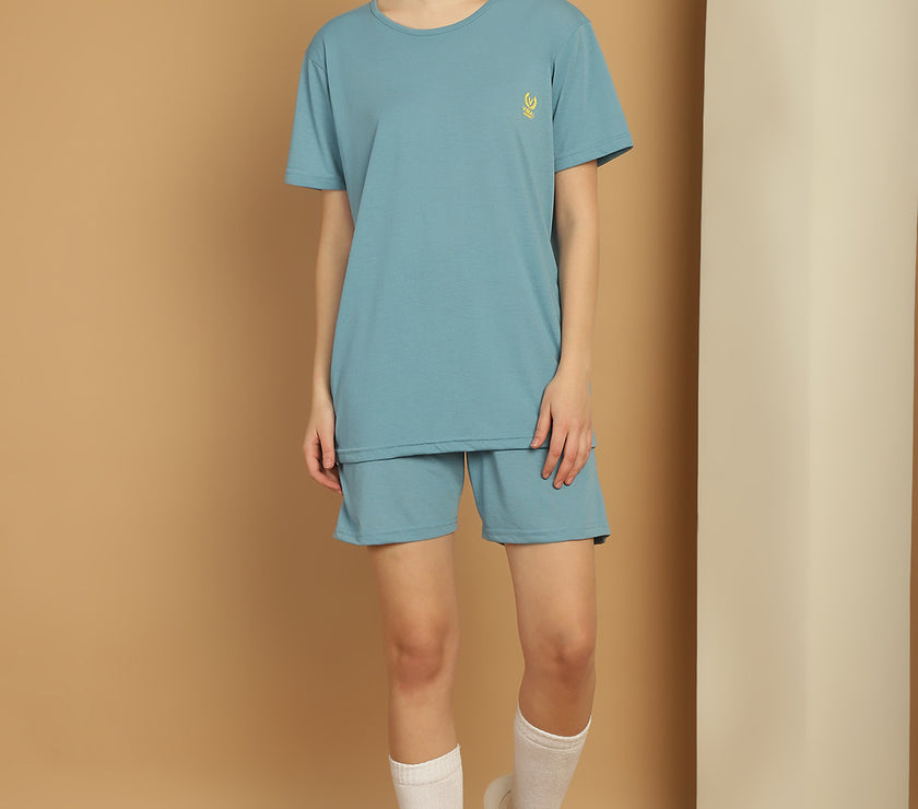 Mack Jonney Blue Cotton Solid Co-ord Set Tracksuit For Women
