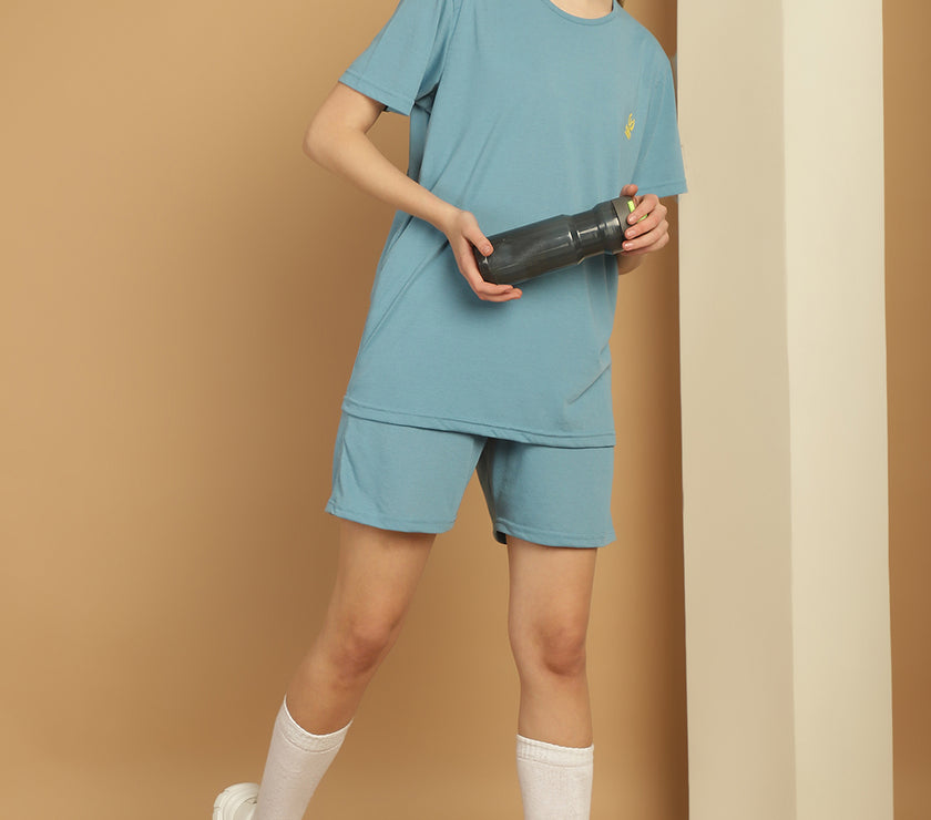 Mack Jonney Blue Cotton Solid Co-ord Set Tracksuit For Women