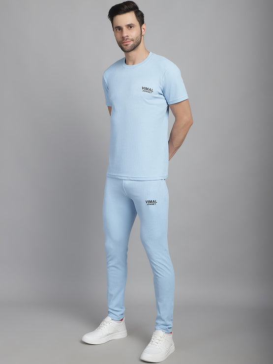 Mack Jonney Solid  Light Blue  Polyester Lycra Half sleeves Co-ord Set Tracksuit For Men