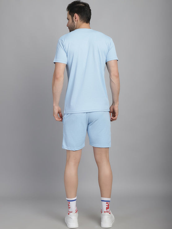 Mack Jonney Solid  Light Blue  Polyester Lycra Half sleeves Co-ord Set Tracksuit For Men