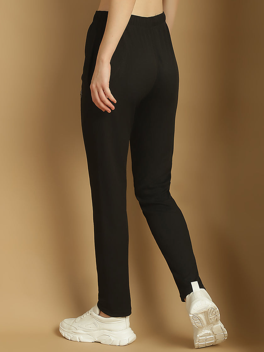 Mack Jonney Solid Black Regular Fit Polyster Lycra Trackpant For Women