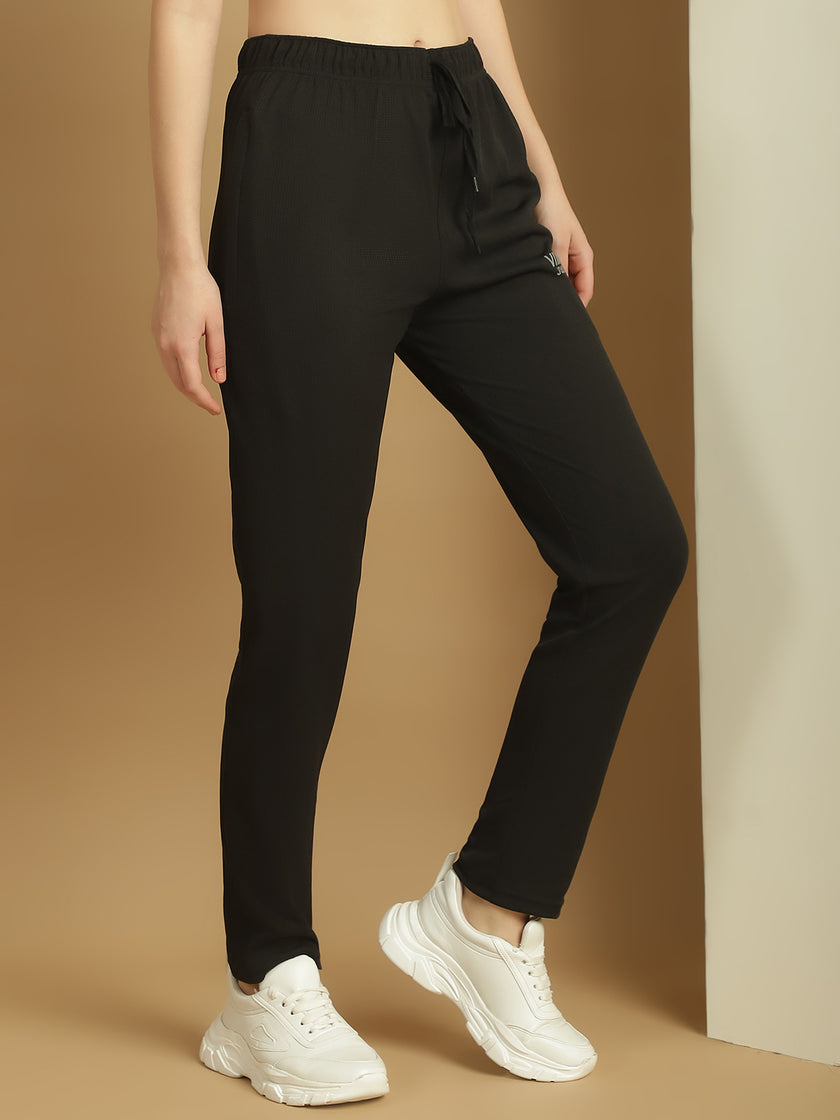 Mack Jonney Solid Black Regular Fit Polyster Lycra Trackpant For Women