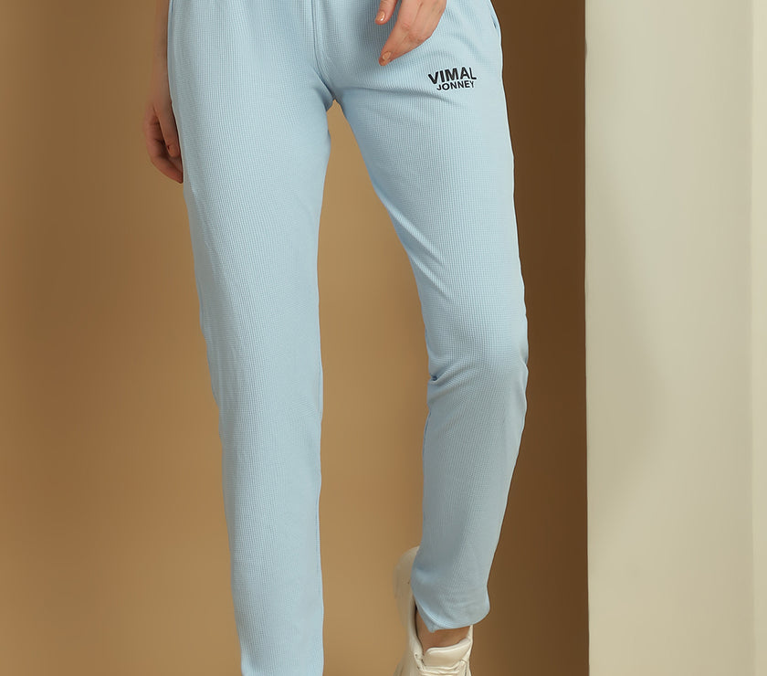 Mack Jonney Solid Light Blue Regular Fit Polyster Lycra Trackpant For Women