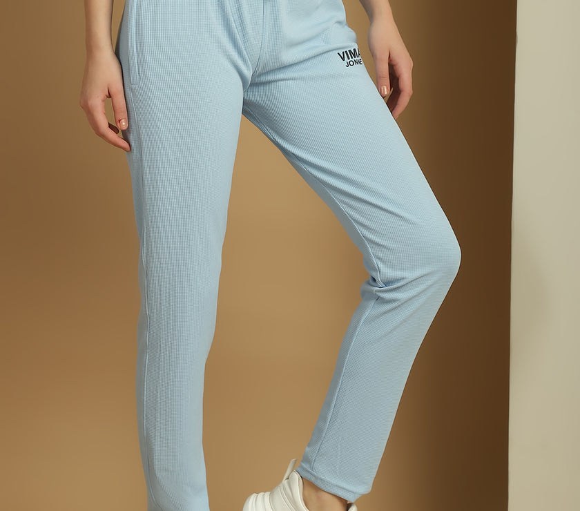 Mack Jonney Solid Light Blue Regular Fit Polyster Lycra Trackpant For Women