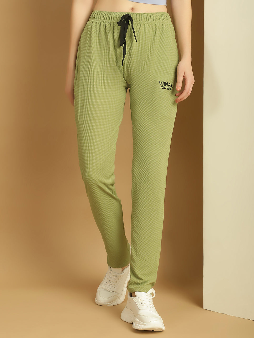 Mack Jonney Solid Light Green Regular Fit Polyster Lycra Trackpant For Women