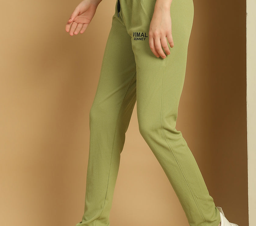 Mack Jonney Solid Light Green Regular Fit Polyster Lycra Trackpant For Women