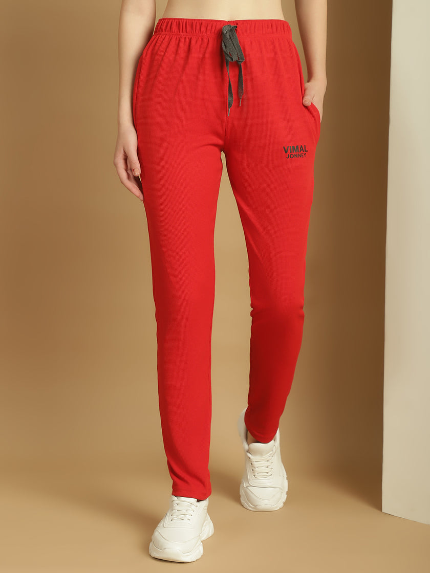 Mack Jonney Solid Red Regular Fit Polyster Lycra Trackpant For Women