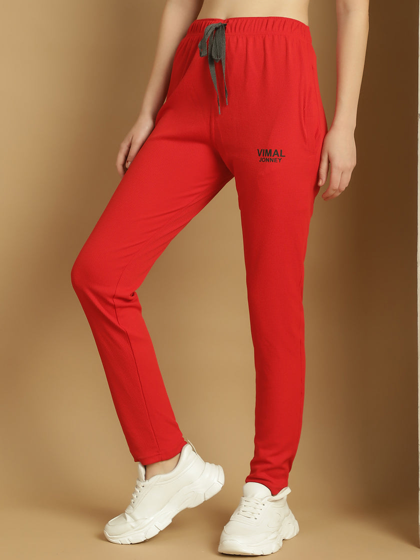 Mack Jonney Solid Red Regular Fit Polyster Lycra Trackpant For Women