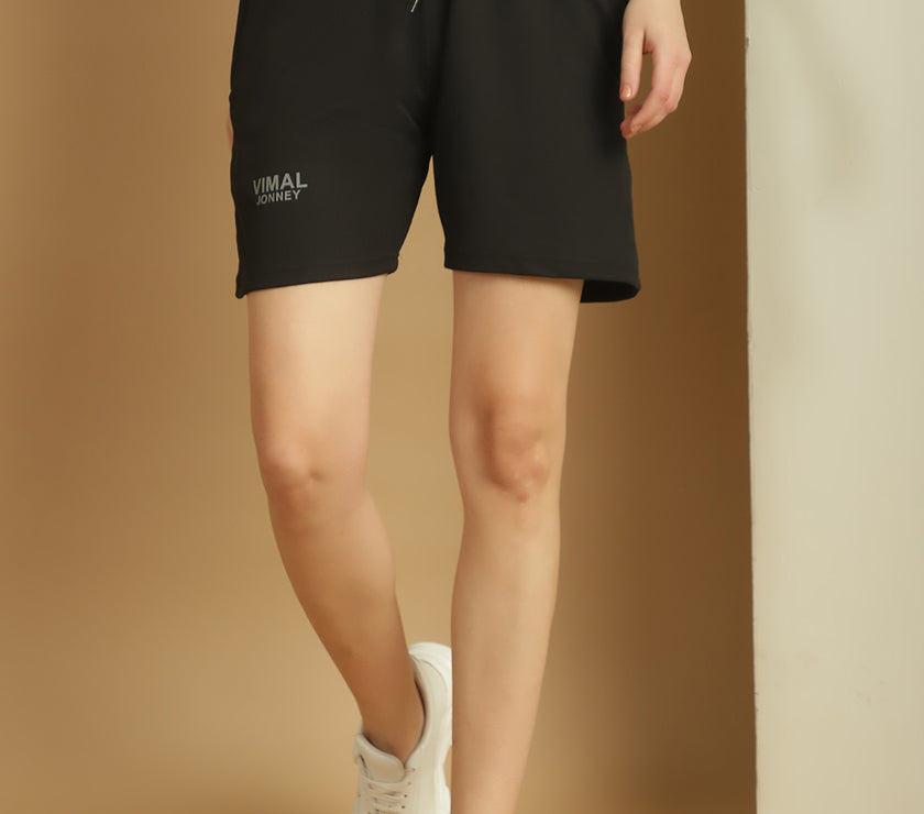 Mack Jonney Solid Black Regular Fit Polyster Lycra Shorts For WOMEN