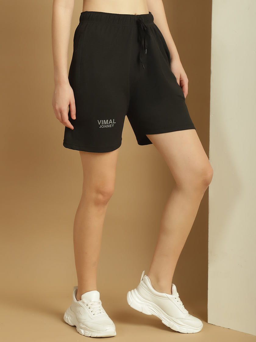 Mack Jonney Solid Black Regular Fit Polyster Lycra Shorts For WOMEN