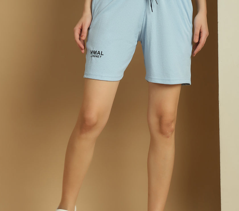 Mack Jonney Solid Light Blue Regular Fit Polyster Lycra Shorts For WOMEN