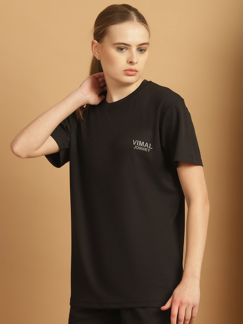 Mack Jonney Solid Black Round Neck Polyester Lycra Half sleeves Tshirt For Women