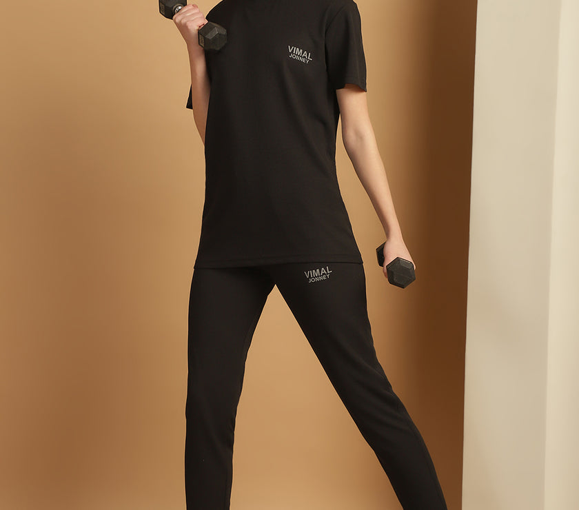 Mack Jonney Solid  Black  Polyester Lycra Half sleeves Co-ord Set Trackuit For Women