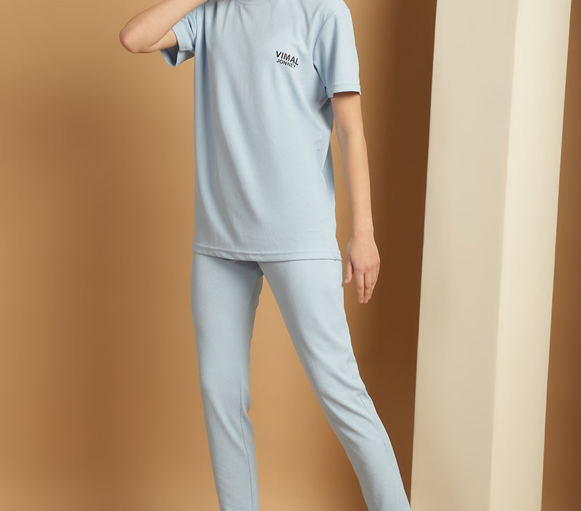 Mack Jonney Solid  Light Blue  Polyester Lycra Half sleeves Co-ord Set Trackuit For Women