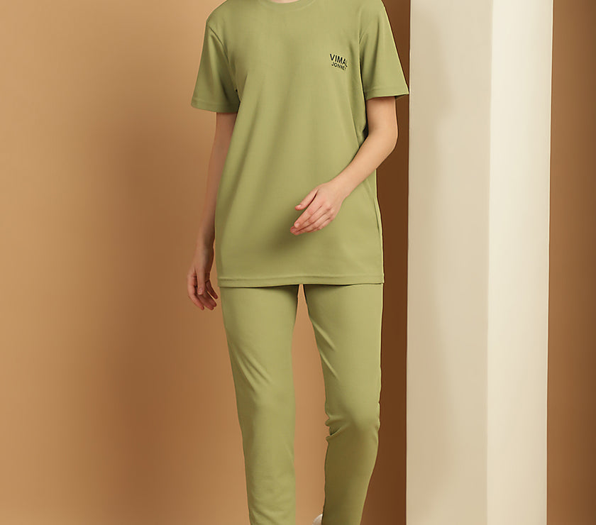 Mack Jonney Solid  Light Green  Polyester Lycra Half sleeves Co-ord Set Trackuit For Women