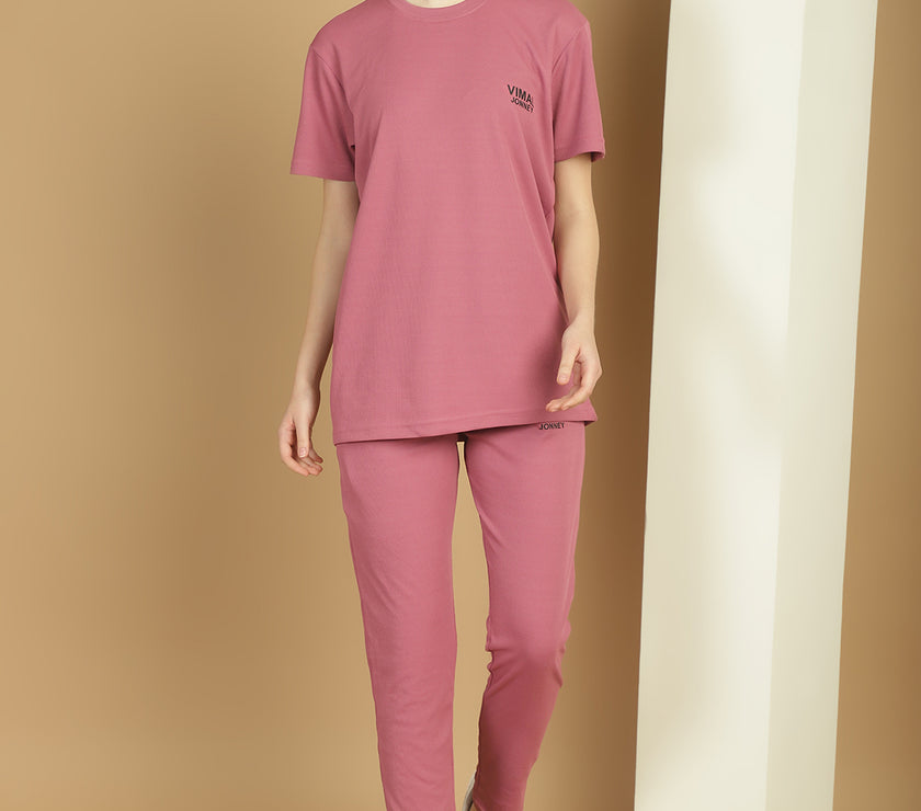 Mack Jonney Solid  Pink  Polyester Lycra Half sleeves Co-ord Set Trackuit For Women