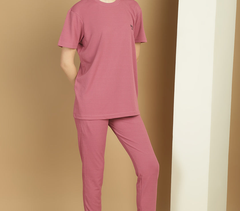 Mack Jonney Solid  Pink  Polyester Lycra Half sleeves Co-ord Set Trackuit For Women