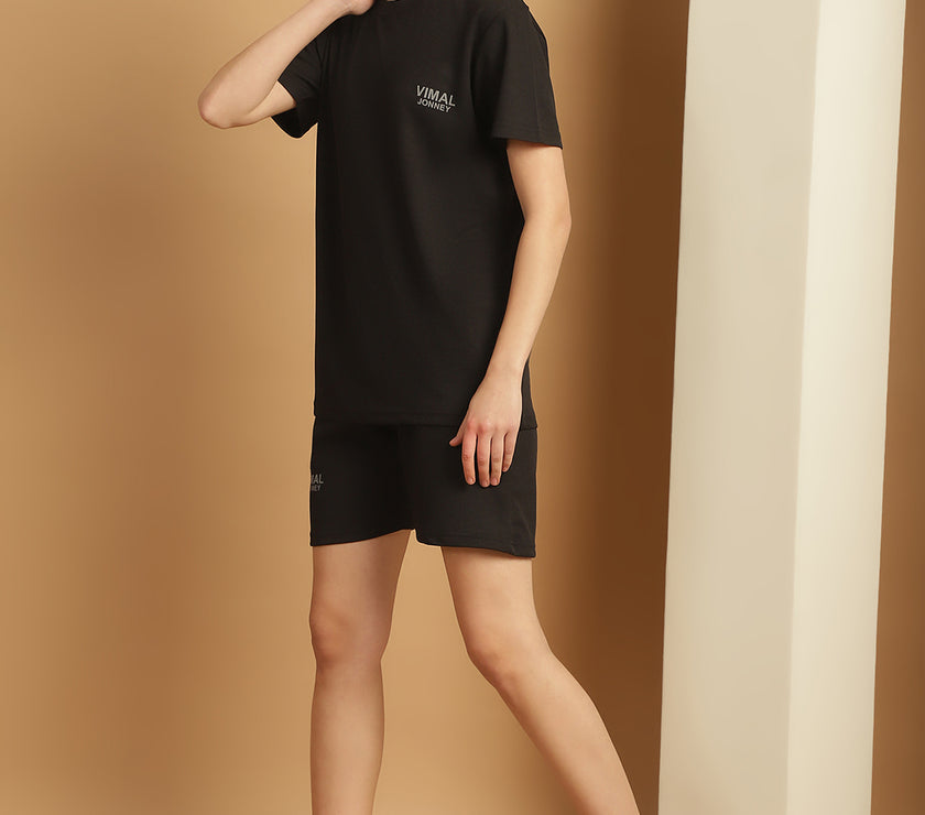 Mack Jonney Solid  Black  Polyester Lycra Half sleeves Co-ord Set Trackuit For Women