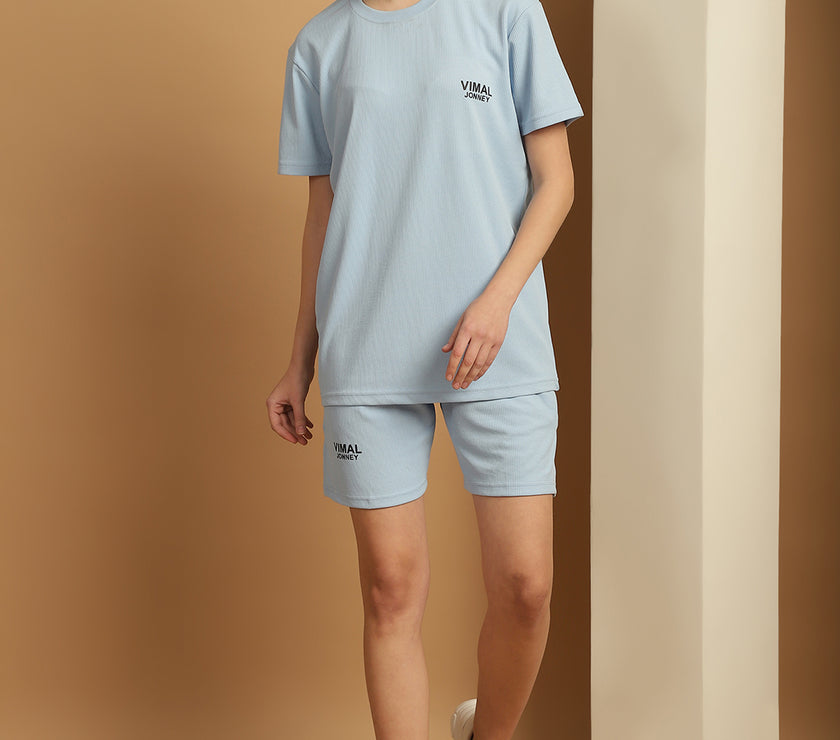 Mack Jonney Solid  Light Blue  Polyester Lycra Half sleeves Co-ord Set Trackuit For Women