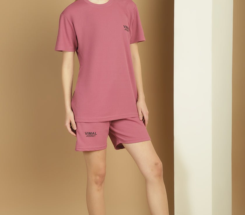 Mack Jonney Solid  Pink  Polyester Lycra Half sleeves Co-ord Set Trackuit For Women