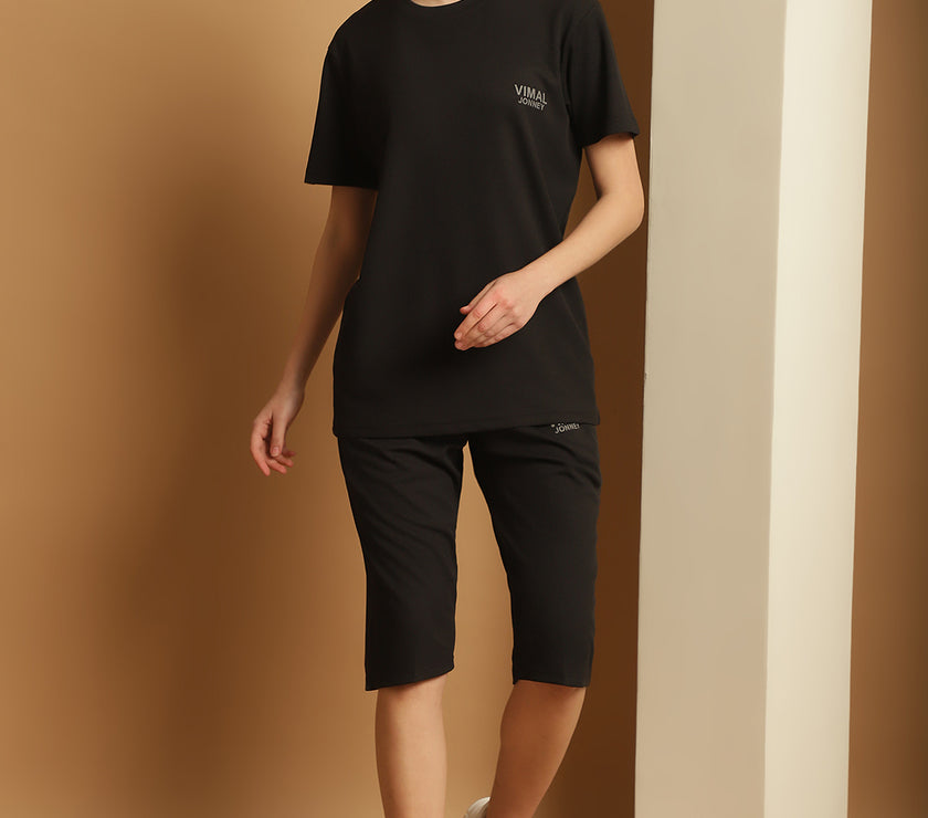 Mack Jonney Solid  Black  Polyester Lycra Half sleeves Co-ord Set Trackuit For Women