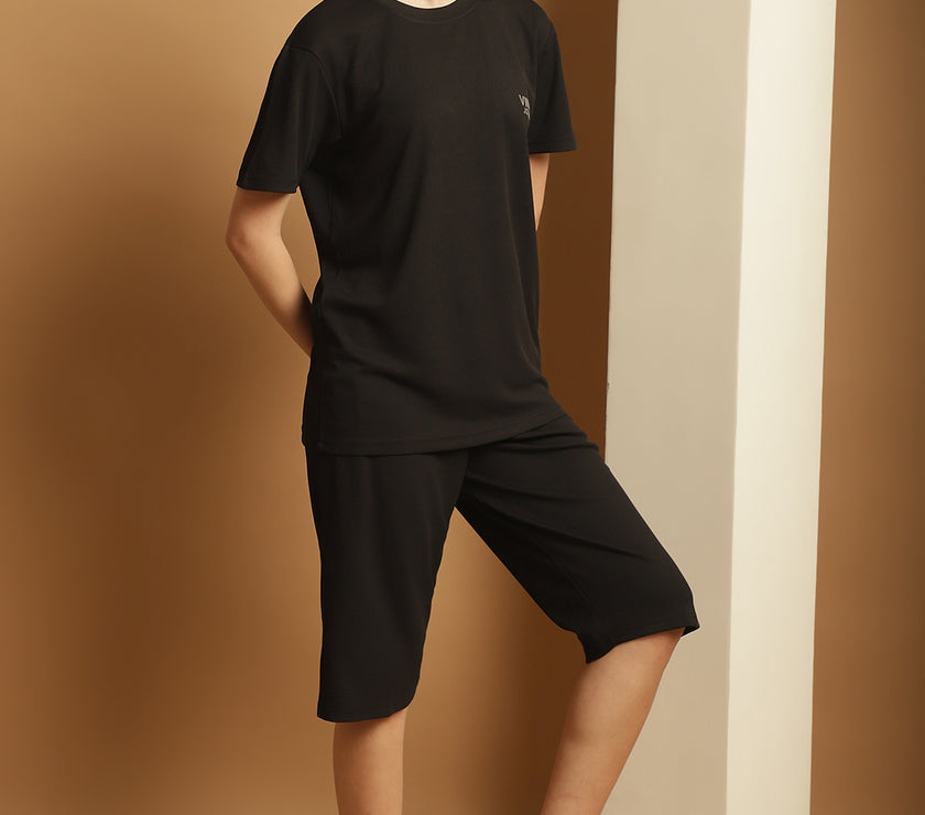 Mack Jonney Solid  Black  Polyester Lycra Half sleeves Co-ord Set Trackuit For Women