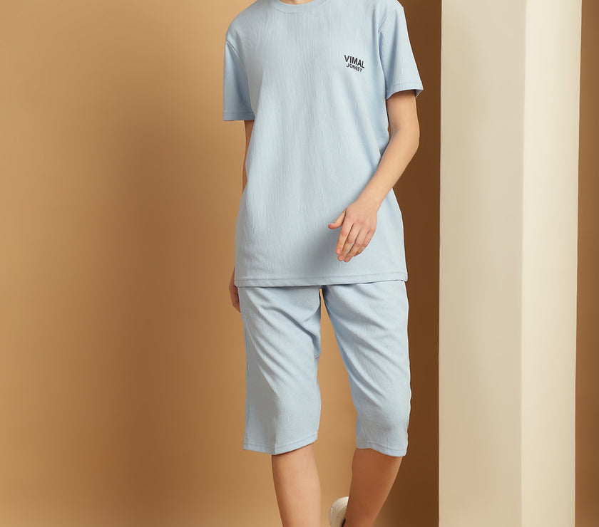 Mack Jonney Solid  Light Blue  Polyester Lycra Half sleeves Co-ord Set Trackuit For Women