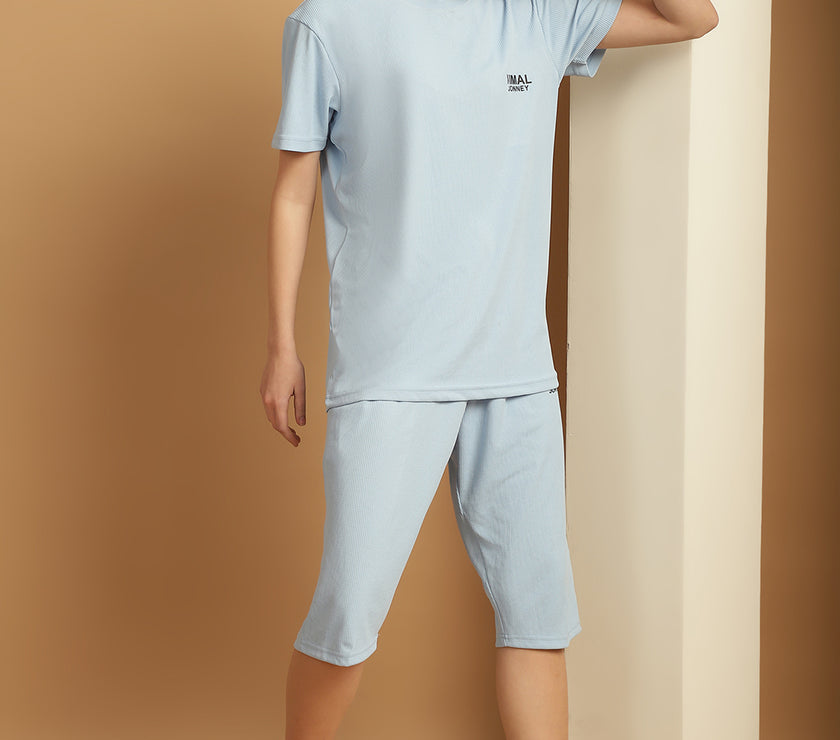 Mack Jonney Solid  Light Blue  Polyester Lycra Half sleeves Co-ord Set Trackuit For Women
