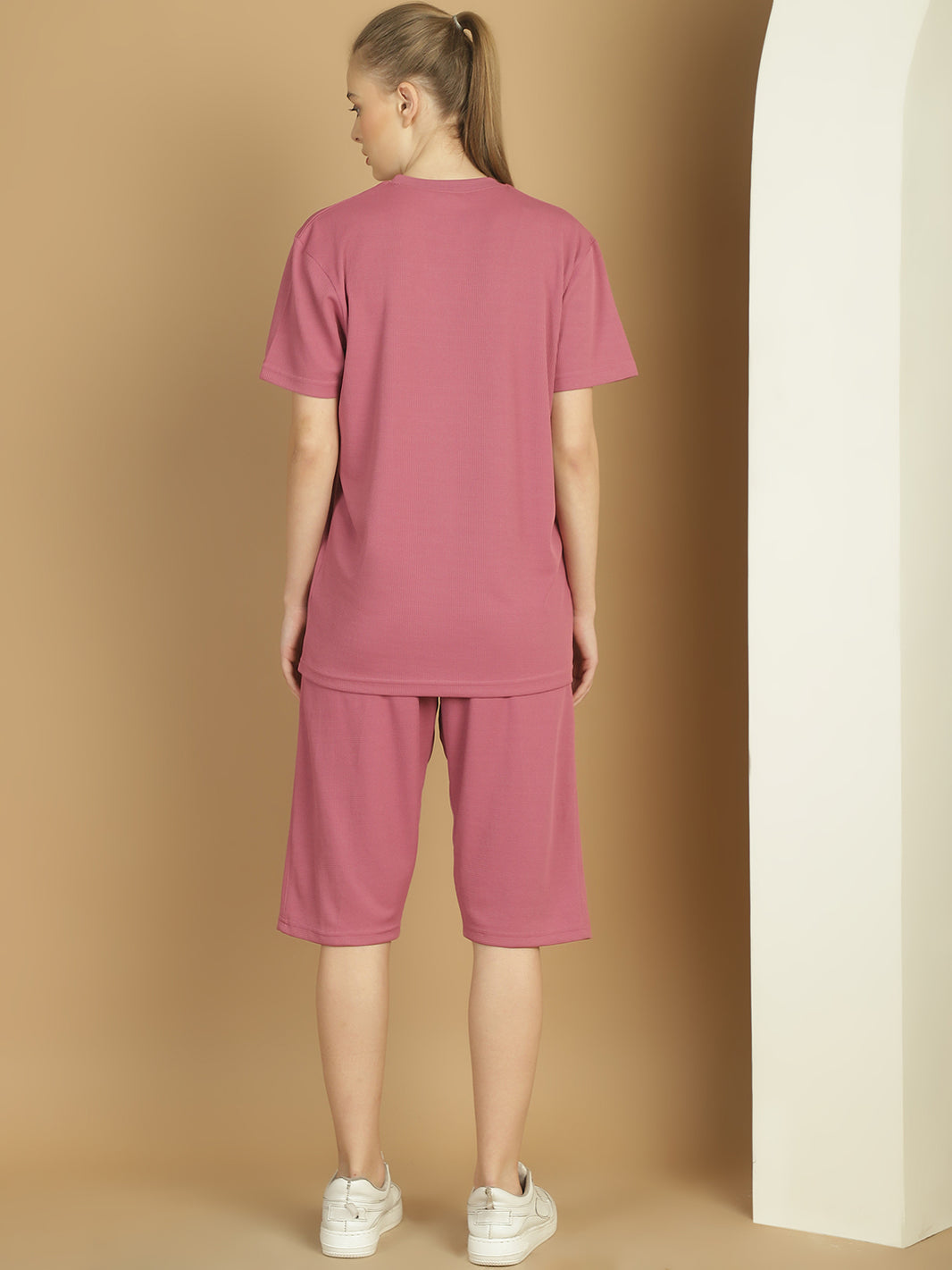 Mack Jonney Solid  Pink  Polyester Lycra Half sleeves Co-ord Set Trackuit For Women