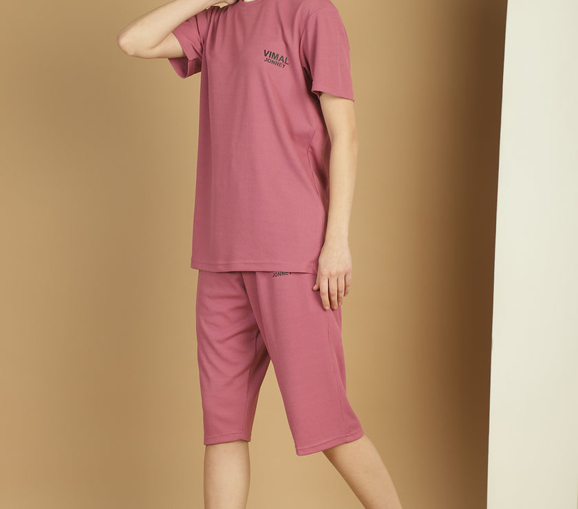 Mack Jonney Solid  Pink  Polyester Lycra Half sleeves Co-ord Set Trackuit For Women