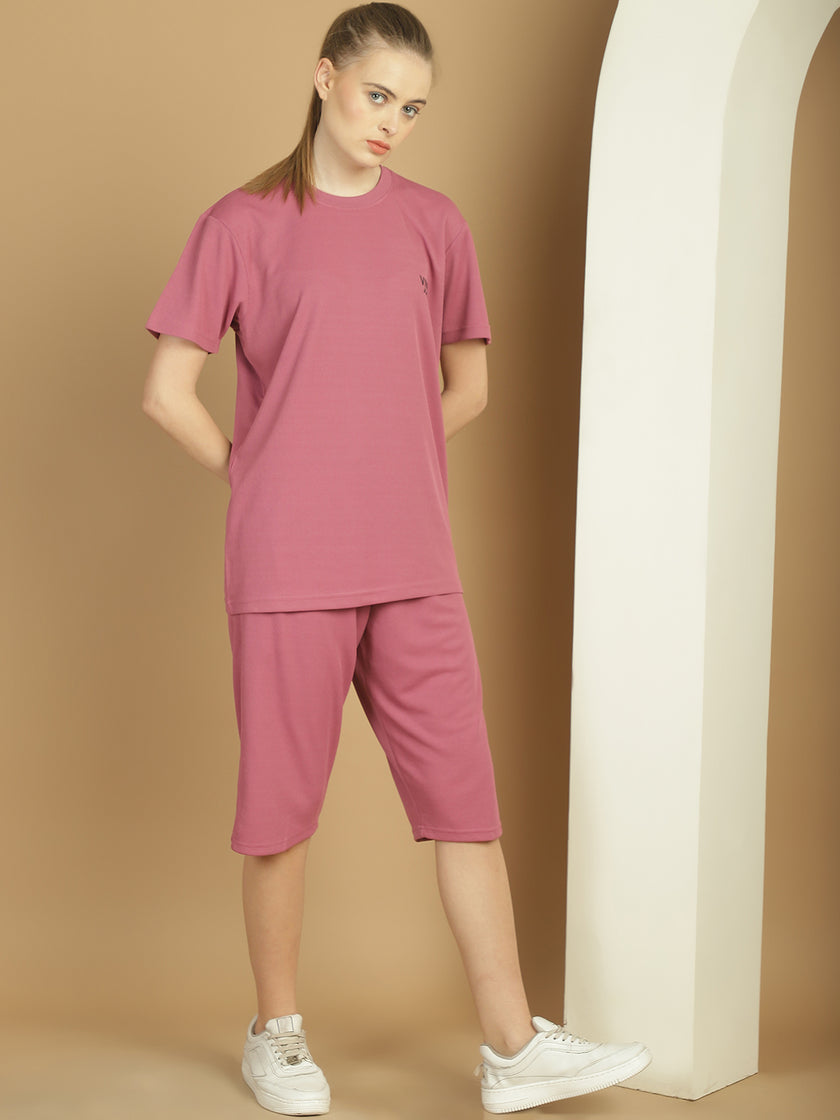 Mack Jonney Solid  Pink  Polyester Lycra Half sleeves Co-ord Set Trackuit For Women