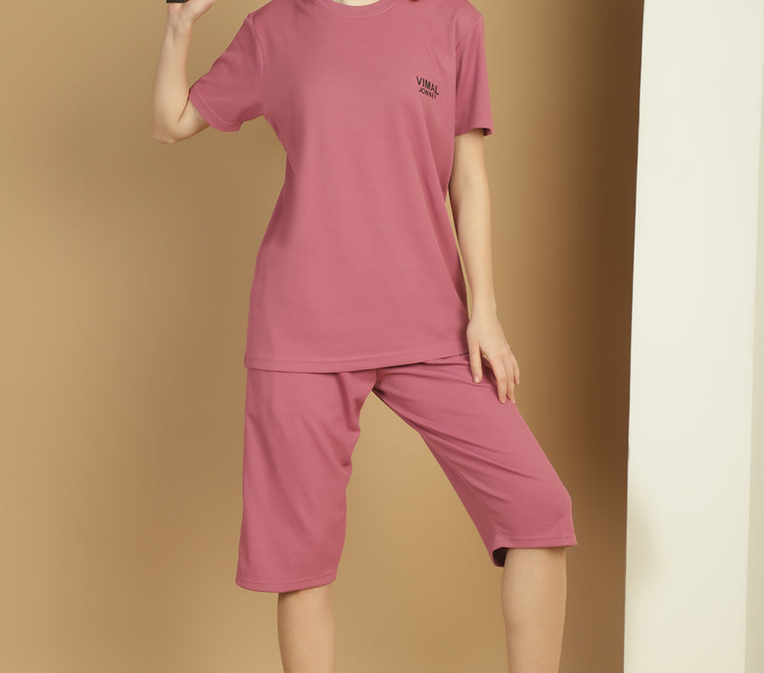 Mack Jonney Solid  Pink  Polyester Lycra Half sleeves Co-ord Set Trackuit For Women
