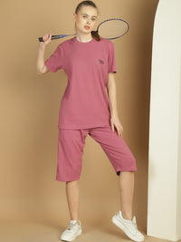 Mack Jonney Solid  Pink  Polyester Lycra Half sleeves Co-ord Set Trackuit For Women