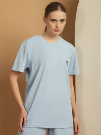 Mack Jonney Solid Blue Round Neck Polyester Lycra Half sleeves Tshirt For Women