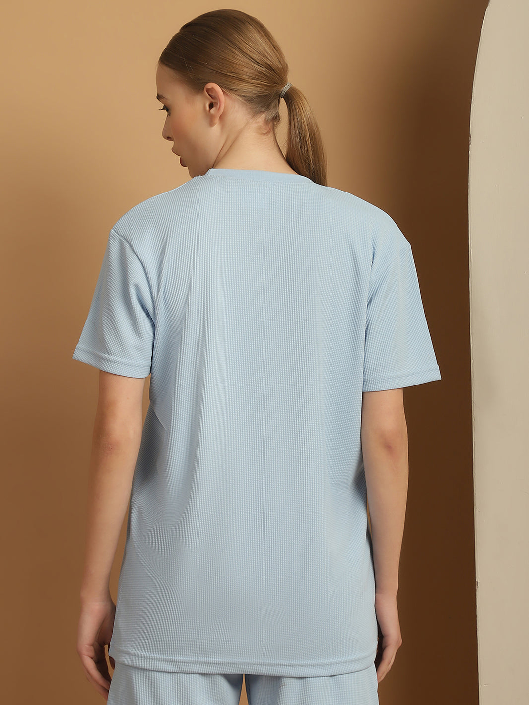 Mack Jonney Solid Blue Round Neck Polyester Lycra Half sleeves Tshirt For Women