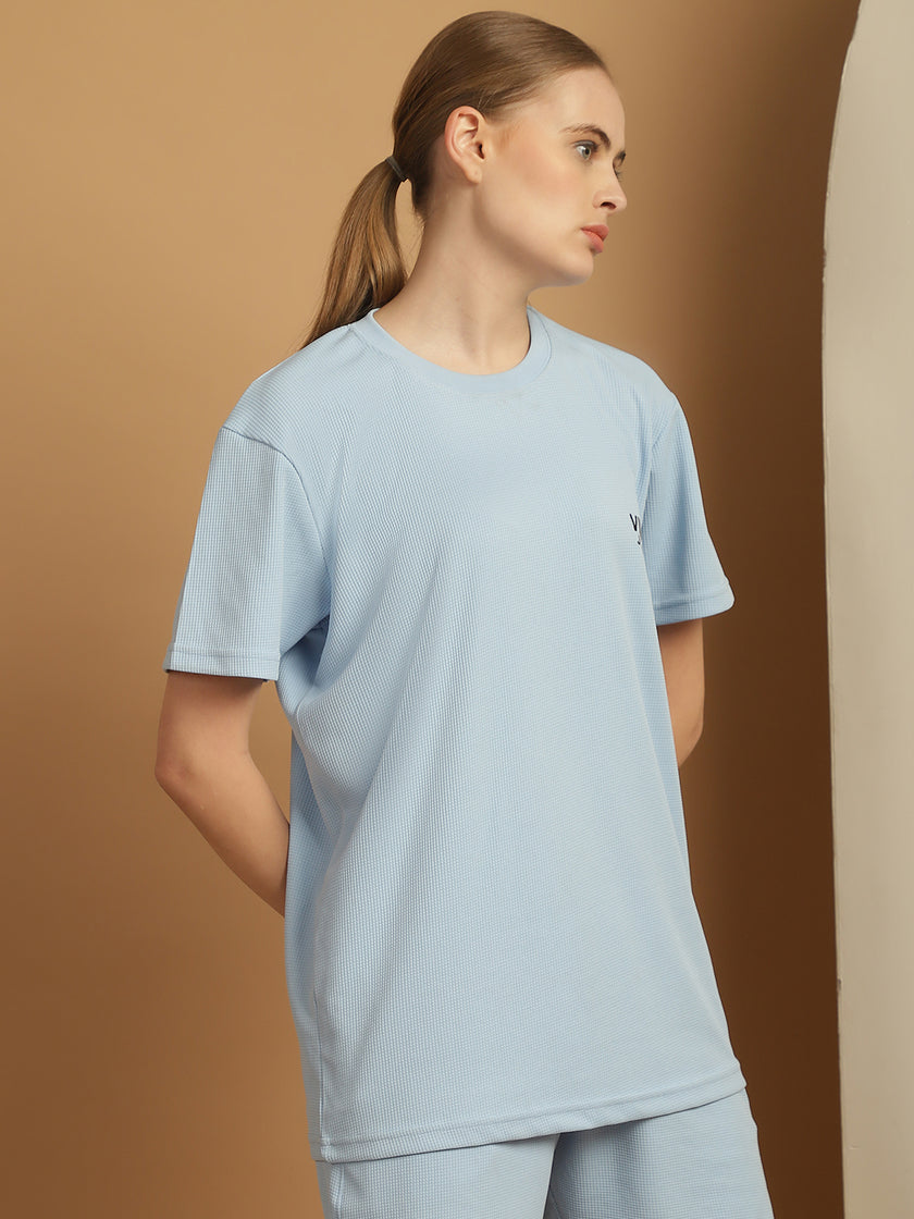 Mack Jonney Solid Blue Round Neck Polyester Lycra Half sleeves Tshirt For Women