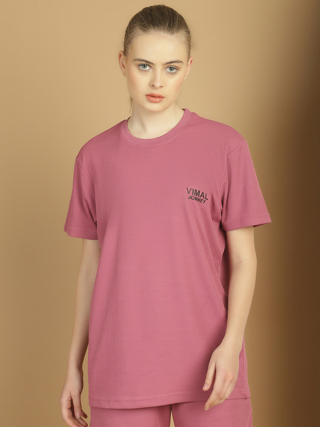 Mack Jonney Solid Pink Round Neck Polyester Lycra Half sleeves Tshirt For Women