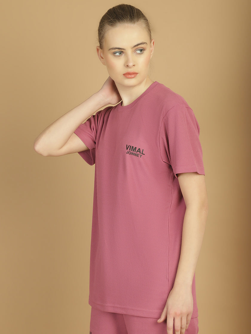 Mack Jonney Solid Pink Round Neck Polyester Lycra Half sleeves Tshirt For Women