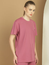 Mack Jonney Solid Pink Round Neck Polyester Lycra Half sleeves Tshirt For Women