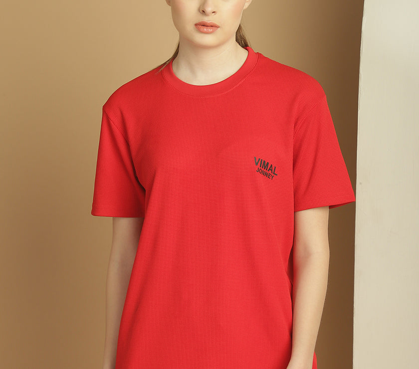 Mack Jonney Solid Red Round Neck Polyester Lycra Half sleeves Tshirt For Women