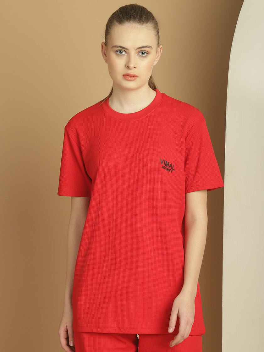 Mack Jonney Solid Red Round Neck Polyester Lycra Half sleeves Tshirt For Women