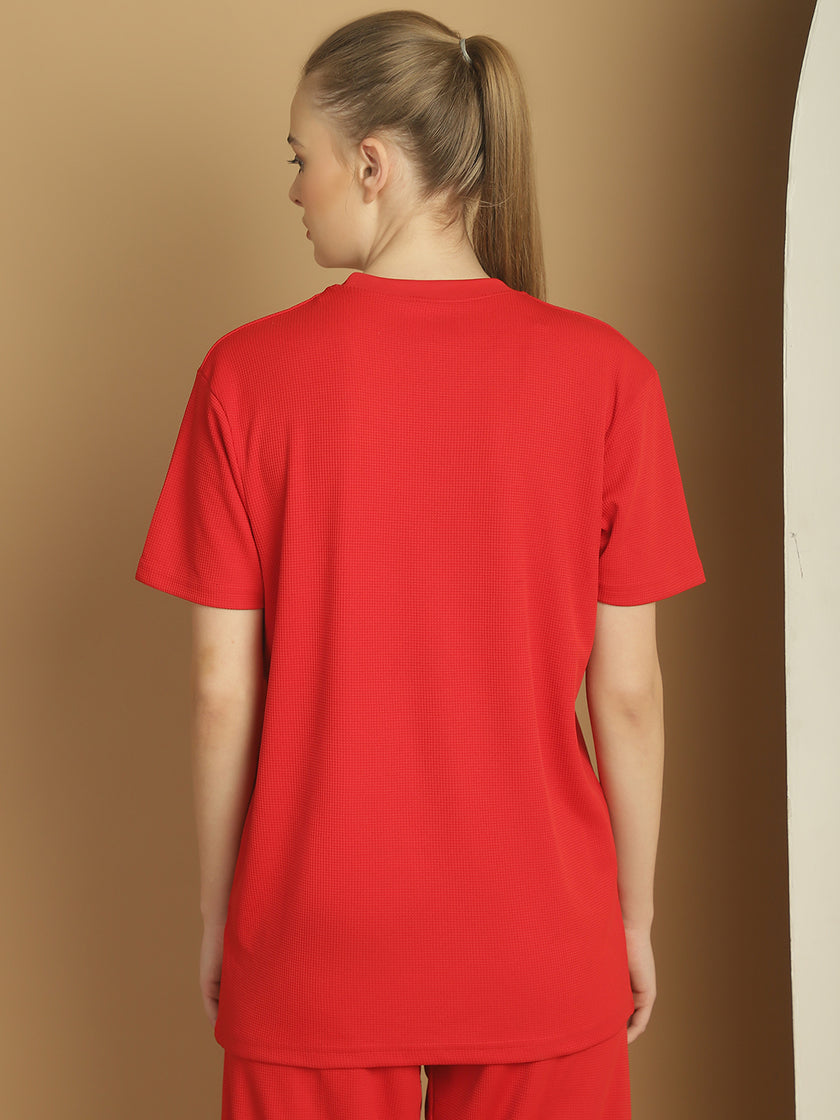 Mack Jonney Solid Red Round Neck Polyester Lycra Half sleeves Tshirt For Women