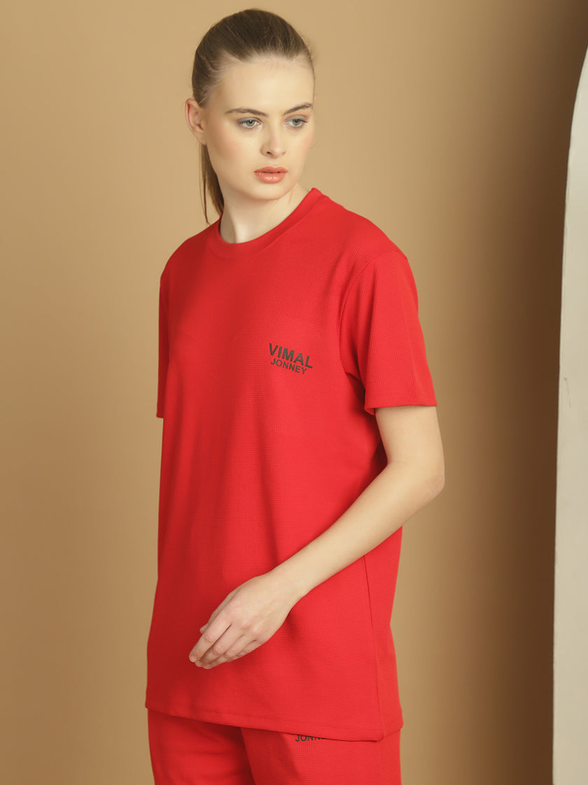 Mack Jonney Solid Red Round Neck Polyester Lycra Half sleeves Tshirt For Women