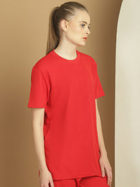 Mack Jonney Solid Red Round Neck Polyester Lycra Half sleeves Tshirt For Women