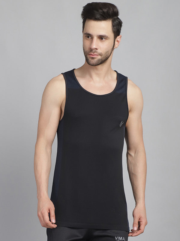 Mack Jonney Solid Black Round Neck Polyester Lycra Half sleeveless Gym Vest For Men