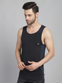 Mack Jonney Solid Black Round Neck Polyester Lycra Half sleeveless Gym Vest For Men